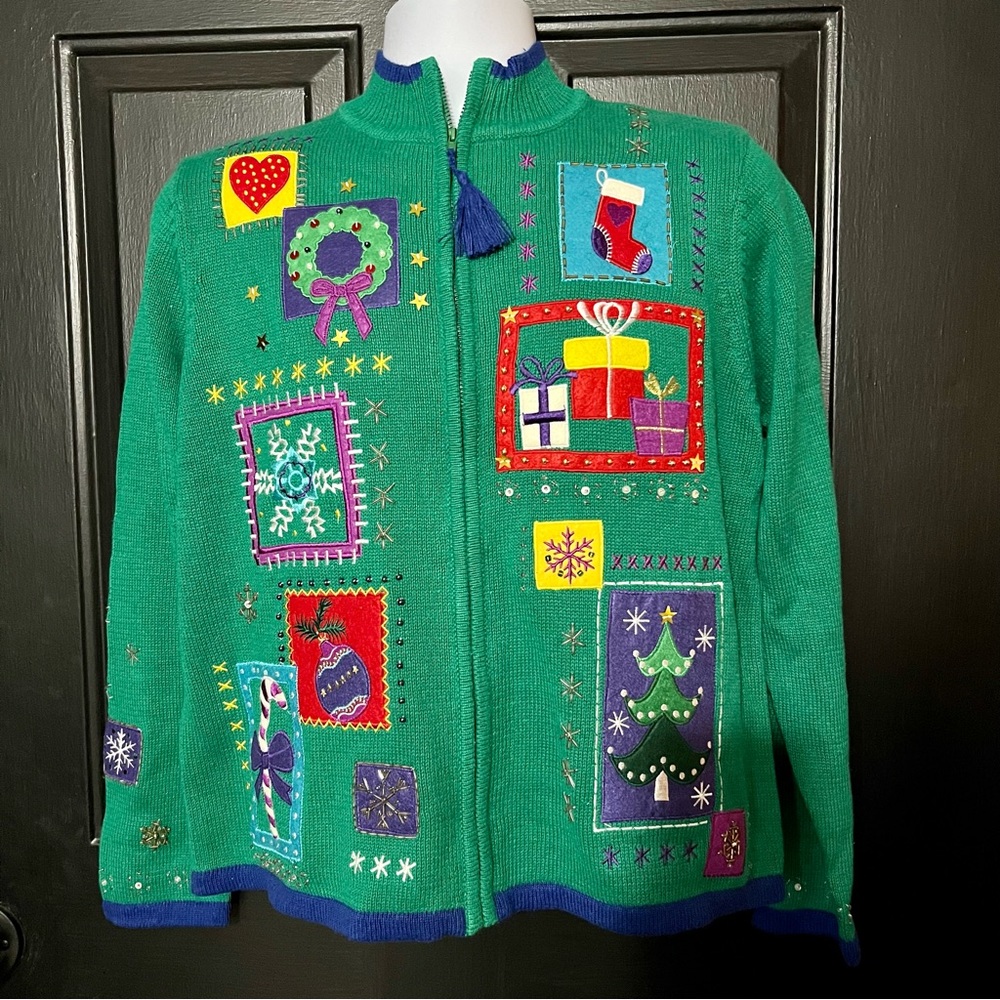 NWT Vintage Jason Maxwell Embellished Christmas Sweater Beads Sequins Tassel Zip